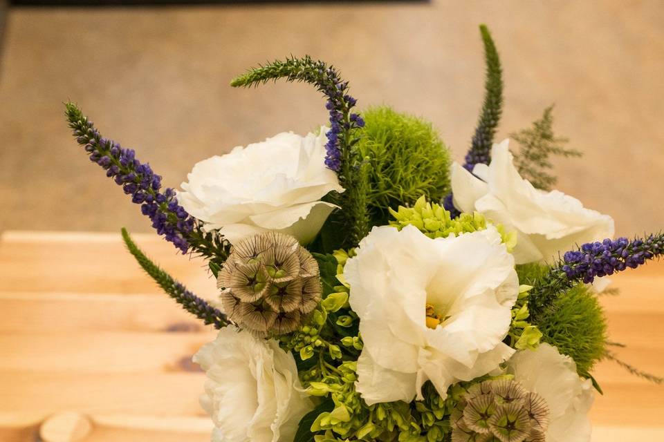 Table arrangement and boutonniere - rose, lisianthus, greenery