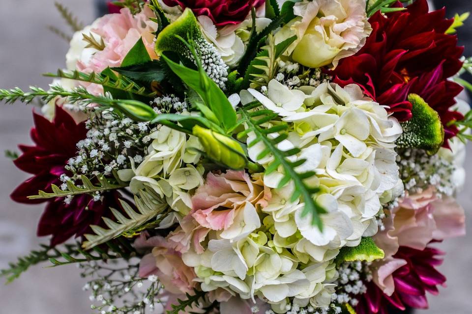 Hand-tied bridal bouquet - hydrangea, dahlia, lisianthus