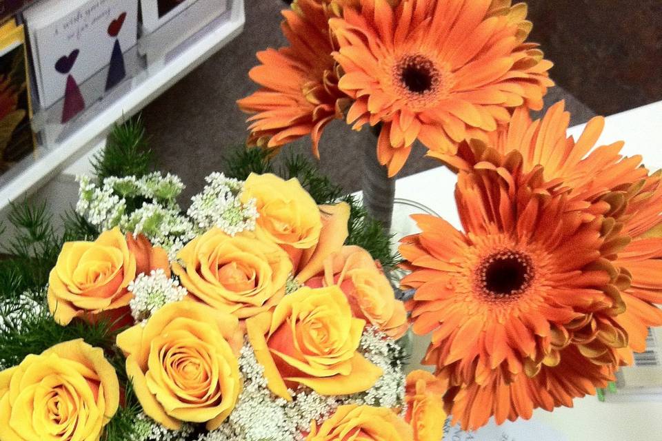 Bridal and bridesmaid bouquets - gerbera daisies, roses