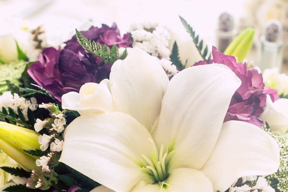 Sweetheart centerpiece - lily, hydrangea, stock, roses