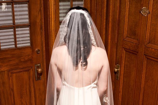 Donna Beth Creations veils and accessories are imported from Italy. Fingertip (ballerina) length veil with vine crystal pattern on the edge