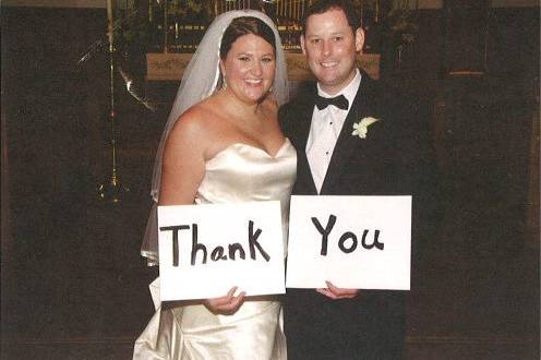 Bride and groom with message