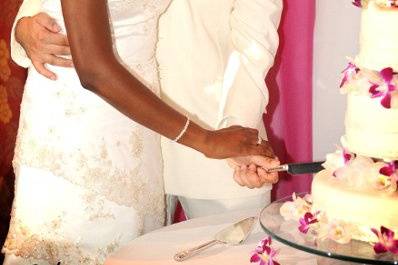 Couple cutting their wedding cake