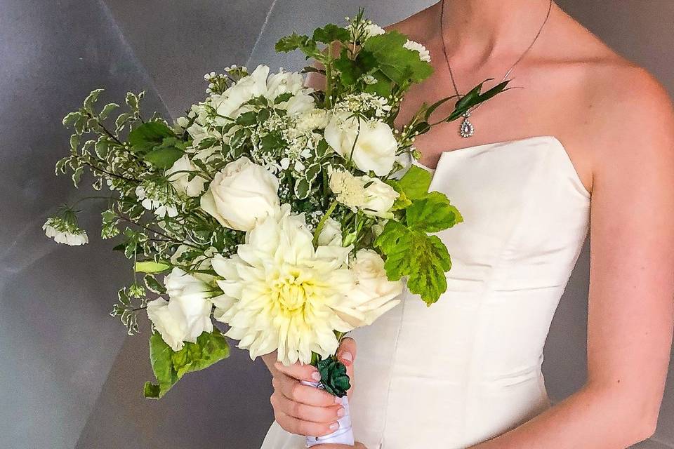 All-white dahlia bouquet