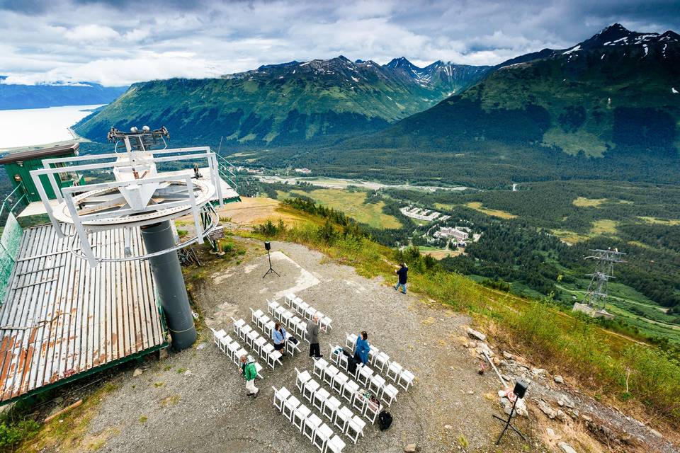 Outdoor mountain top wedding setup - alyeska resort. (Chair 1 on the left is no longer there)