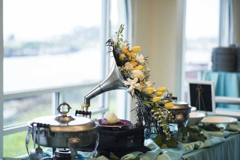 Floral decor on record player