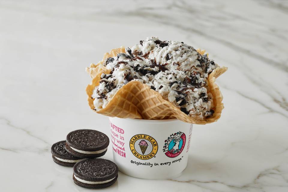Cookies and cream in waffle bowl