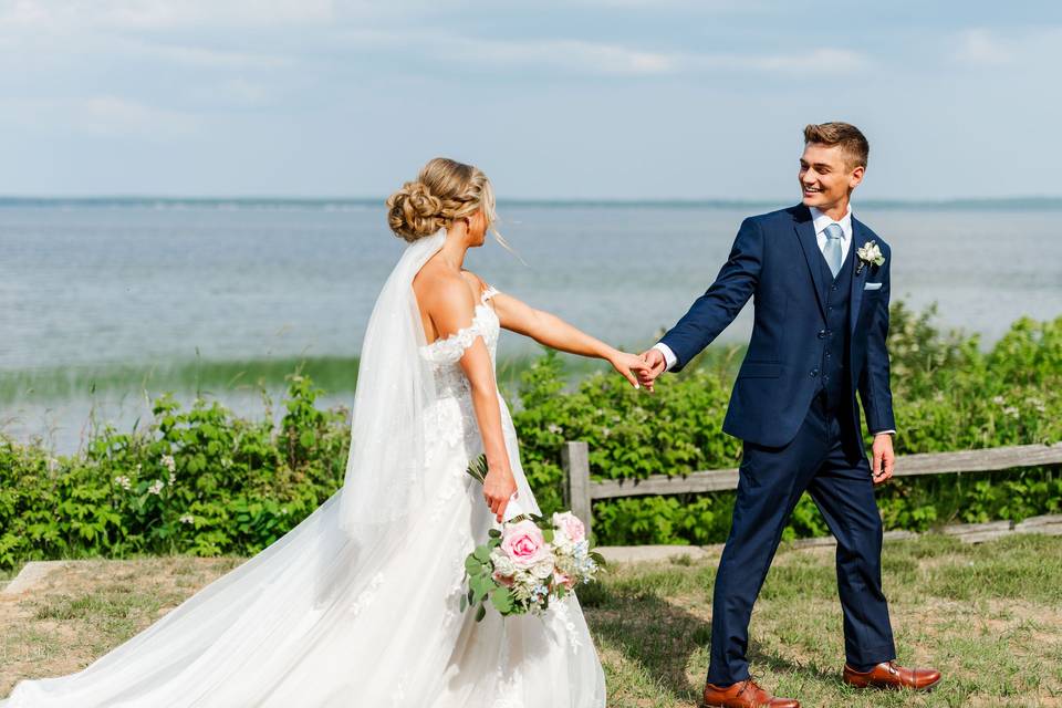 Waterfront bridal party photos