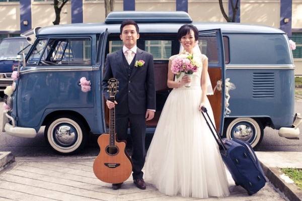 Off to the honeymoon! Neat vintage get-away idea: an old school VW bus.