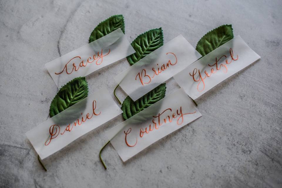 Sheer and copper place cards