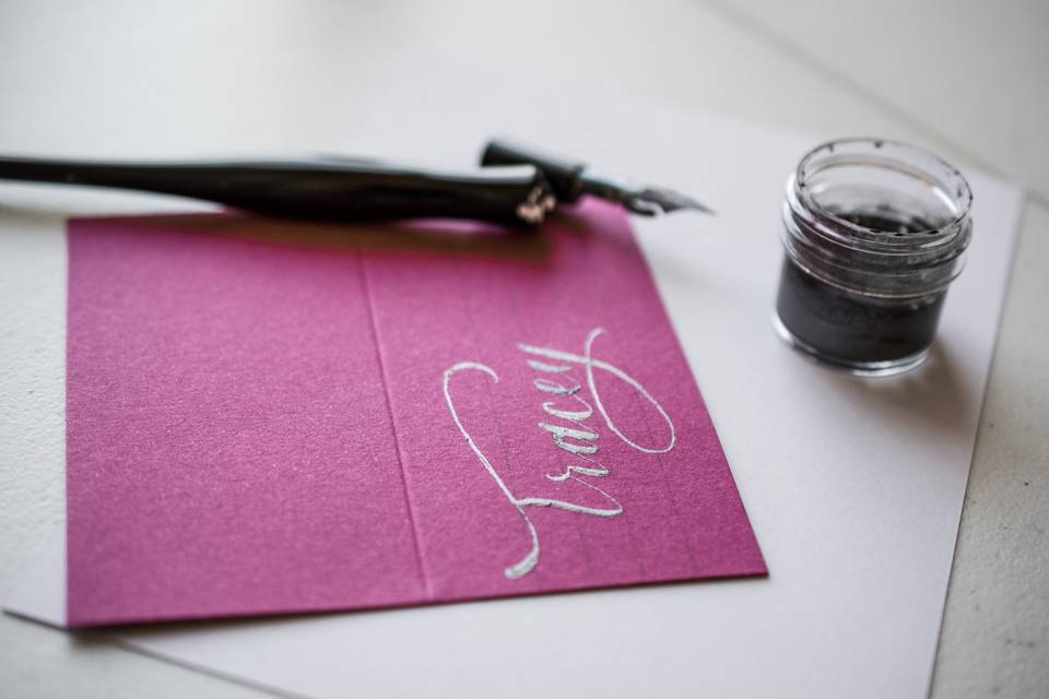 Pink card with silver ink