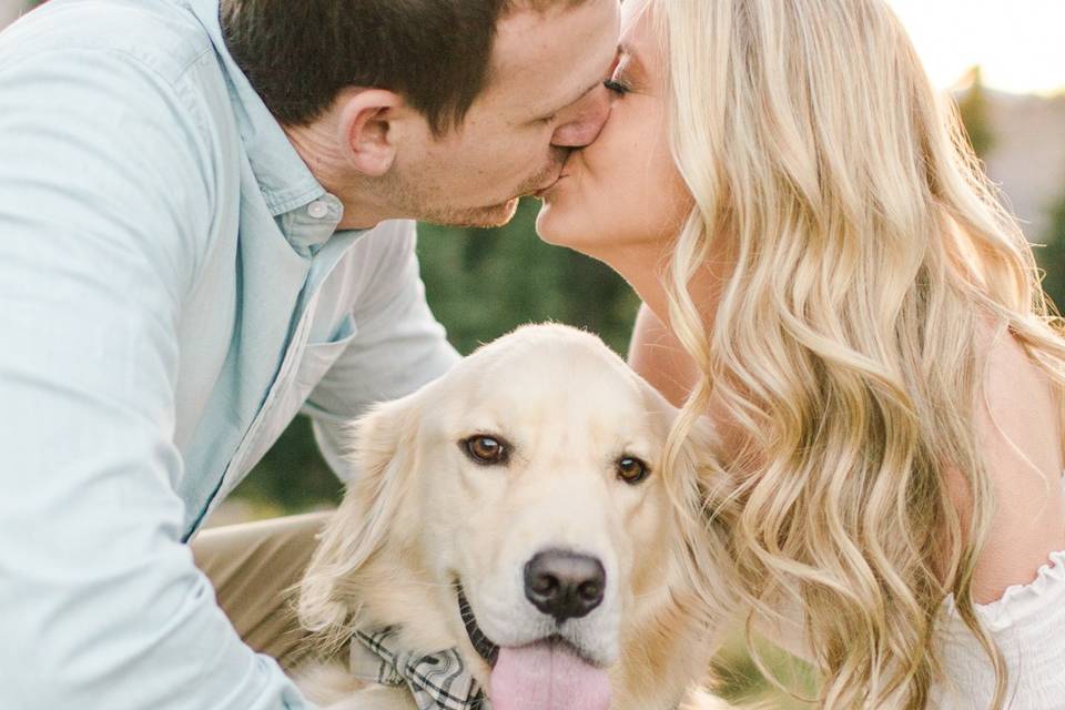 Engagement photo with a dog