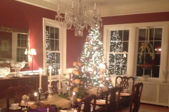 Grand Dining Room set up for a Christmas theme wedding rehearsal dinner