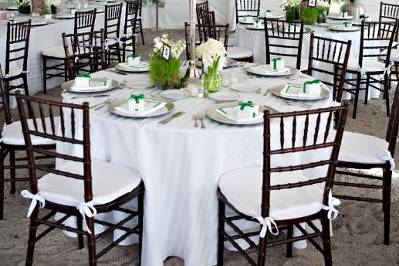 Mahogany Chivari Chairs.  Tented reception with Pear Blossom centerpieces