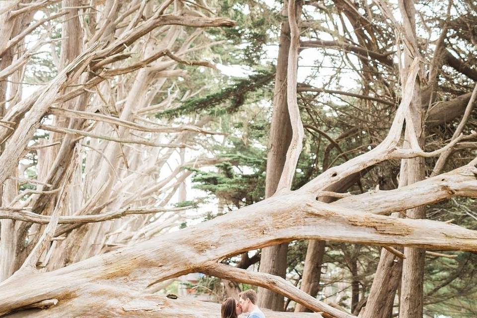 Half-moon bay engagement kiss