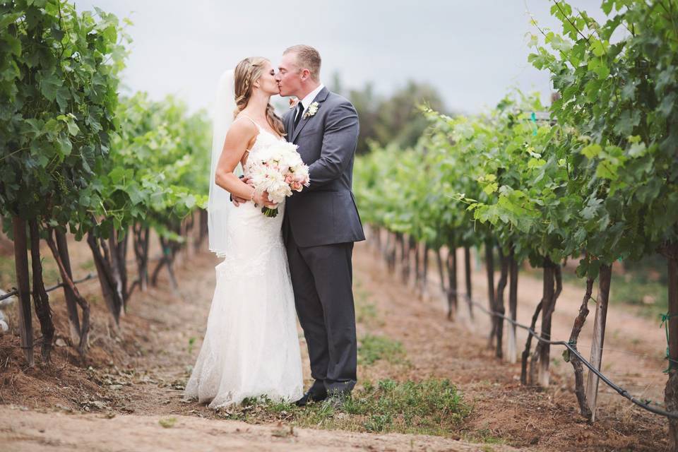 Couple kiss among the grapevines