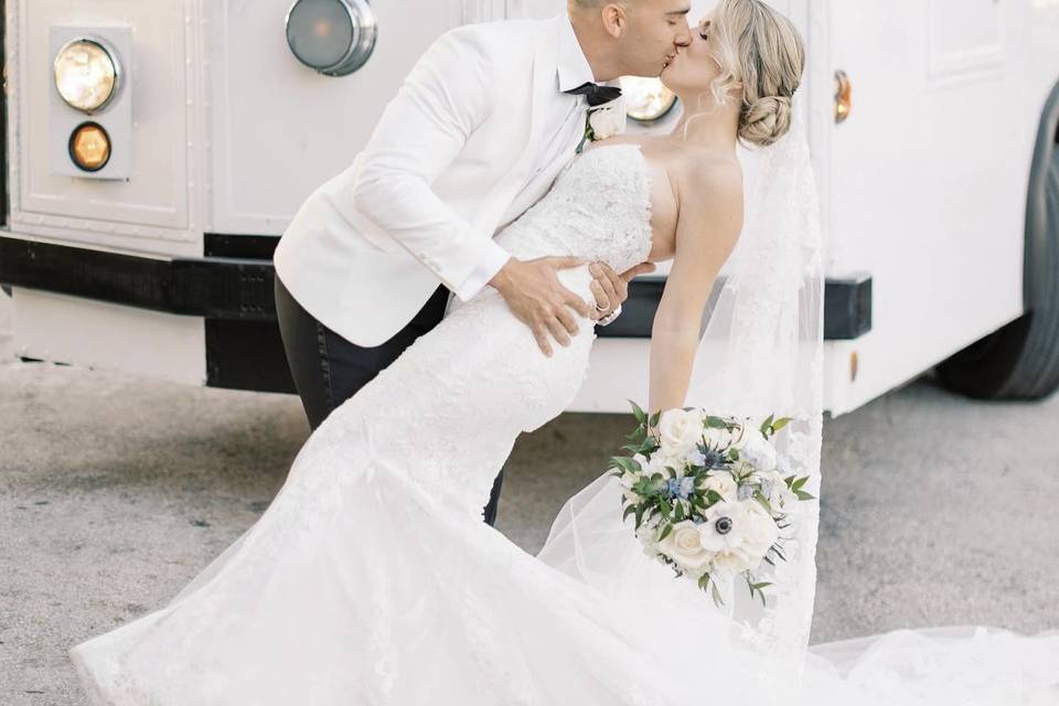 Couple kiss front of Trolley