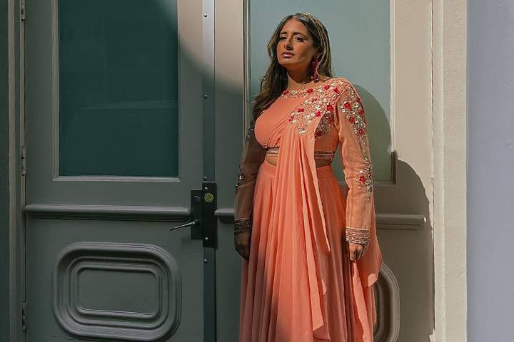 Coral pre-draped sari