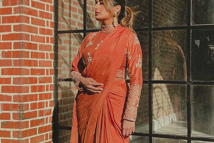 Rose gold pre-draped sari