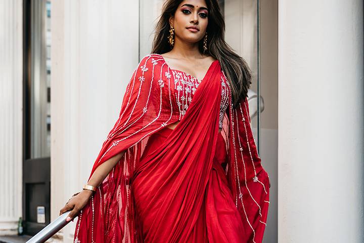 Crimson beaded pre-draped sari