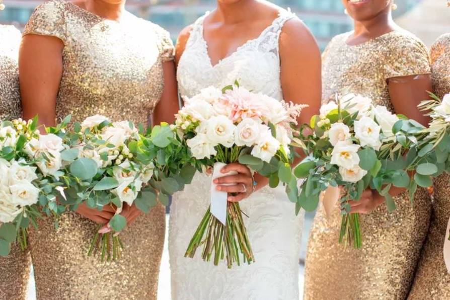 Golden dresses and bouquets