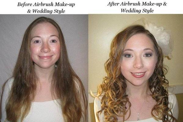 Before and after wedding trial for Hair and Airbrush make-up and Hair Tinsel!  Add a little sparkle to your wedding day!