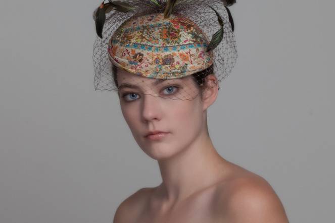 Italian brocade cocktail hat with feathers