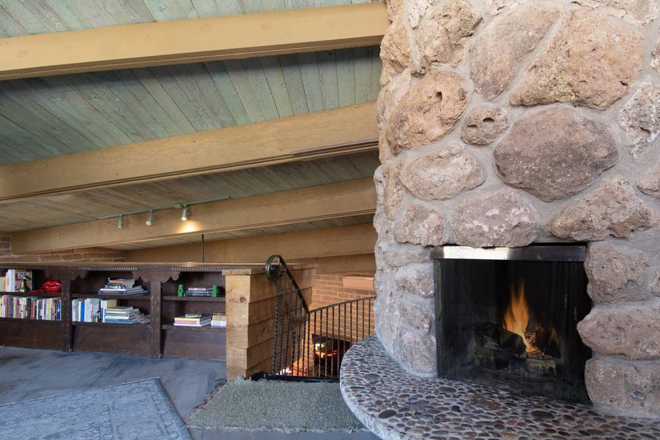 Upstairs lava rock fireplace