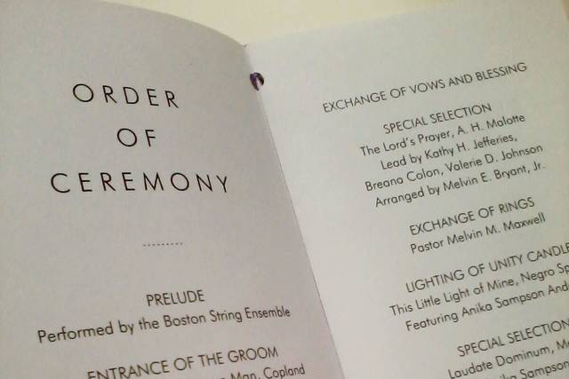 Our book program serves as a record of your wedding with loving attention given to every detail. It has ample space for your ceremony, wedding party, thank you message and more! Celebrate your love with images, poetry and love songs. We will be delighted to create the unique layout of each page with you.
A simple monogram (eg. Krista & Patrick, wedding date) appears on the cover and is complimentary with your order. If you already have a monogram, please send its jpg or pdf file.
We use a unique method of binding with 1/8