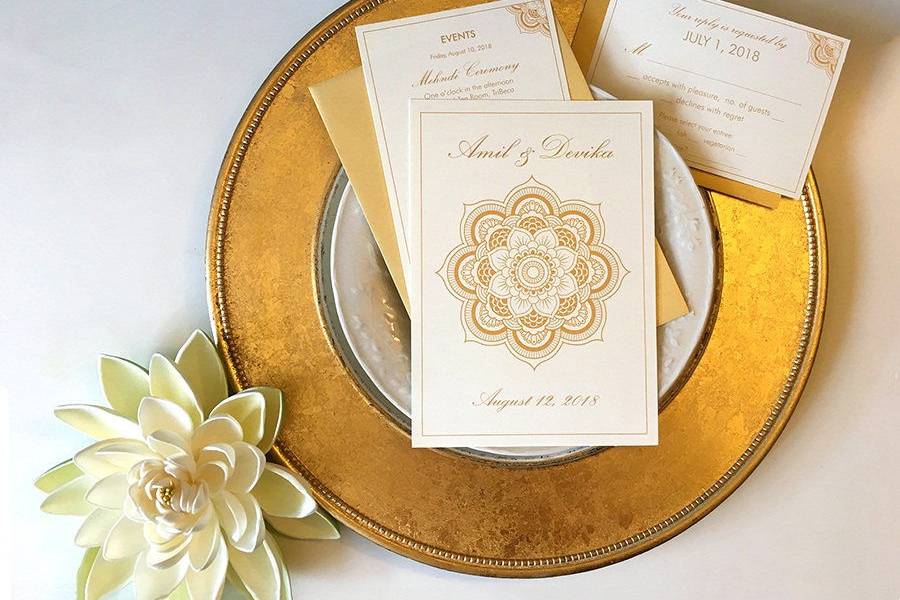 We are inspired by the lotus that blossoms where water is calm and peaceful. Namaste.
The Invitation displays your first names and wedding date on both sides. We will be delighted to customize it with you. Gold envelopes for the Invitation and RSVP (2 total) are included.
The RSVP and Events cards are printed with text on 1 side, the other side may be printed, additional @ $1. Gold foil and envelope liner are additional.