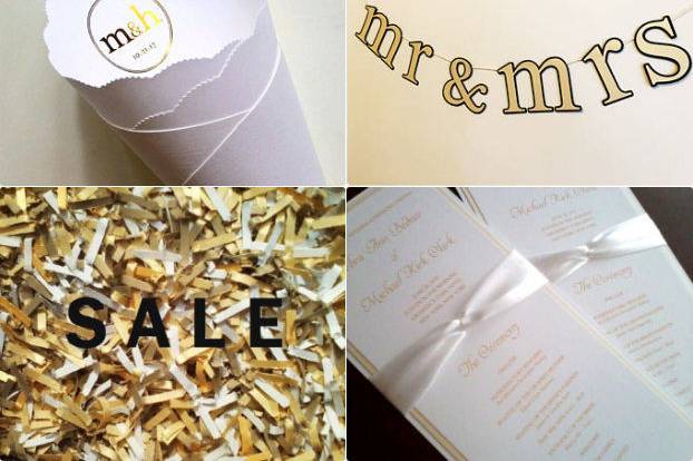 This combo is good for 50 guests and includes:
50 double sided programs with satin ribbon knotted
15 toss cones (no ribbon) with foil monogram
2 bags of paper confetti (biodegradable)
35 tent cards for escorting guests to table
FREE banner (pick from mr & mrs, love is sweet, thank you, xoxo, your wedding date)
FREE SHIPPING by UPS Ground or Standard (US/Canada)
You will receive 3 rounds of proof. All items printed and fully assembled.
Fill the cones before your wedding day and display in a basket.
We'll be delighted to customize for you in any shade of white and gold!
Ink Color: Black / Other / Faux Gold Ink
White includes Pure White, Natural White (aka Rose White), Ivory, Cream
Gold includes Champagne (aka Light Gold), Gold and Dark Gold
Foil includes Gold, Rose Gold and Bronze
