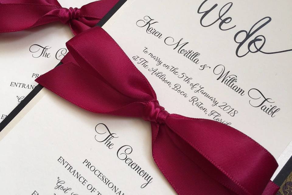 Our stylish program is double sided, your names, wedding date and venue are proudly displayed above the ribbon bow, followed by the order of ceremony. The other side spotlights your wedding party and thank you message to family and friends.
A simple monogram is complimentary with your order (eg. Jennifer & John, wedding date). If you already have a monogram, send its jpg or pdf file.
