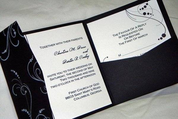 This black pocket card features a black swirl pattern. Invitation is 6