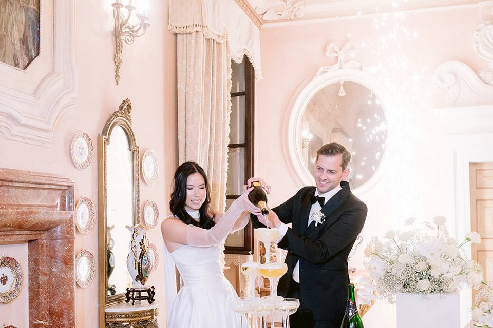 Champagne tower in pink room