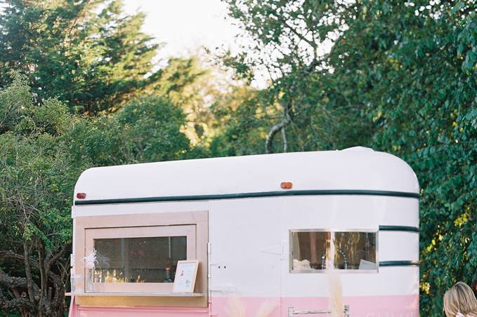 Pink and white vintage trailer