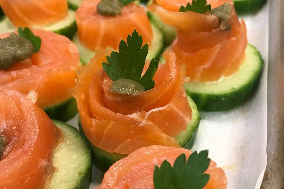 Salmon cucumber canape