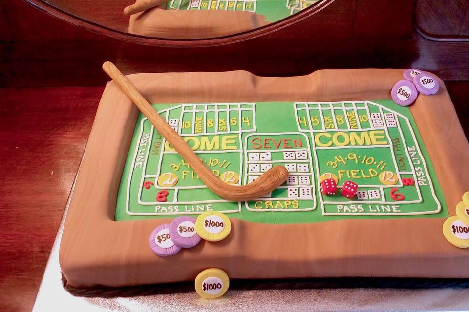 Grooms Cake Las Vegas Themed Craps Table - Contains 40 servings, everything is edible forms of cake and Chocolates.