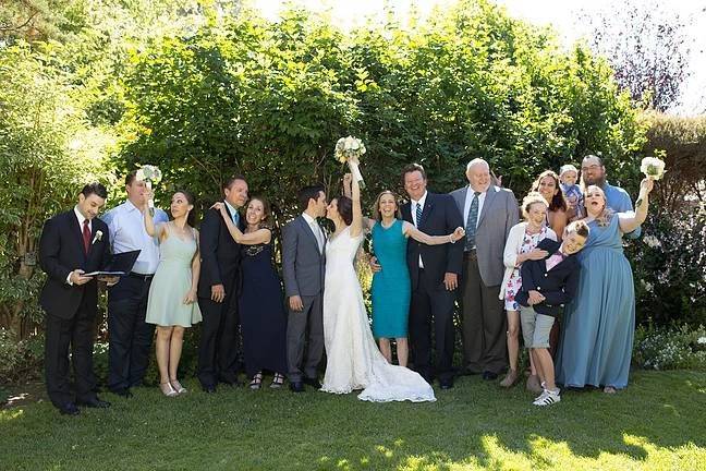 Wedding couple and guests