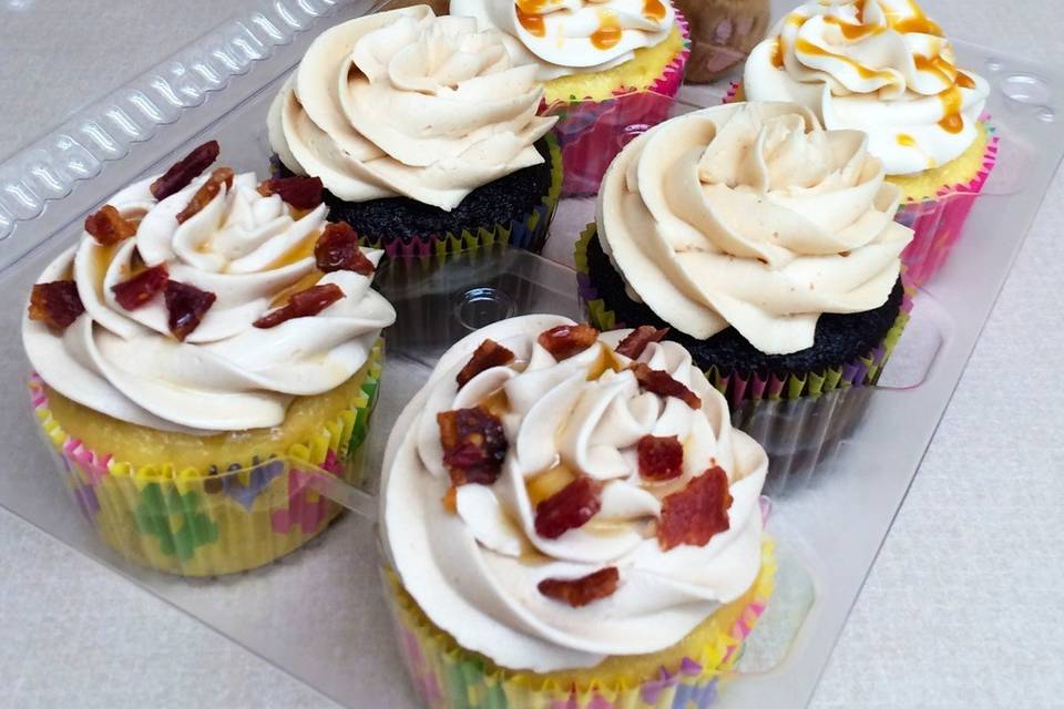Maple bacon, chocolate with peanut butter buttercream, salted caramel cupcakes