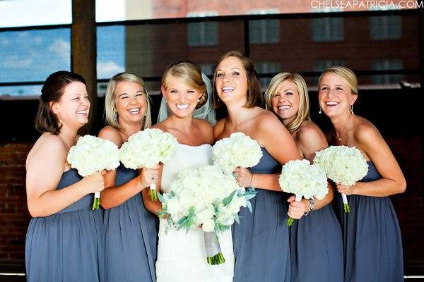 Bridal party, bridesmaids, grey bridesmaids dress, charcoal bridesmaids dresses, hydrangeas