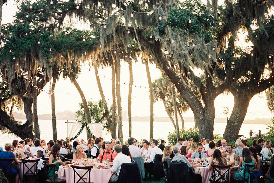 Outdoor waterfront wedding reception