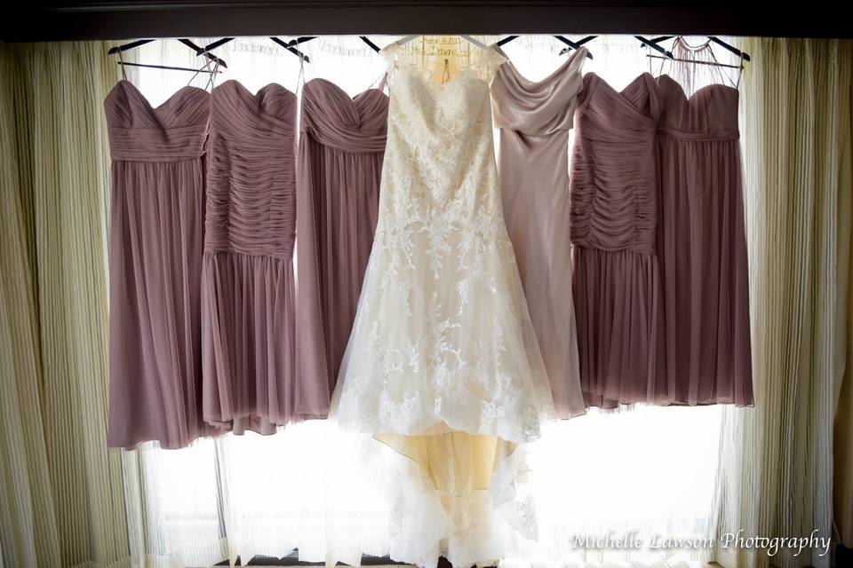 Bridal gown and bridesmaids' dress