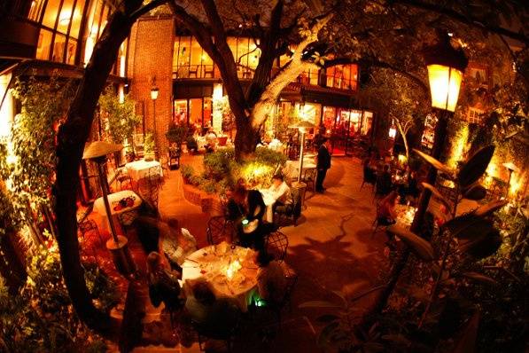 A view of our patio at night.
