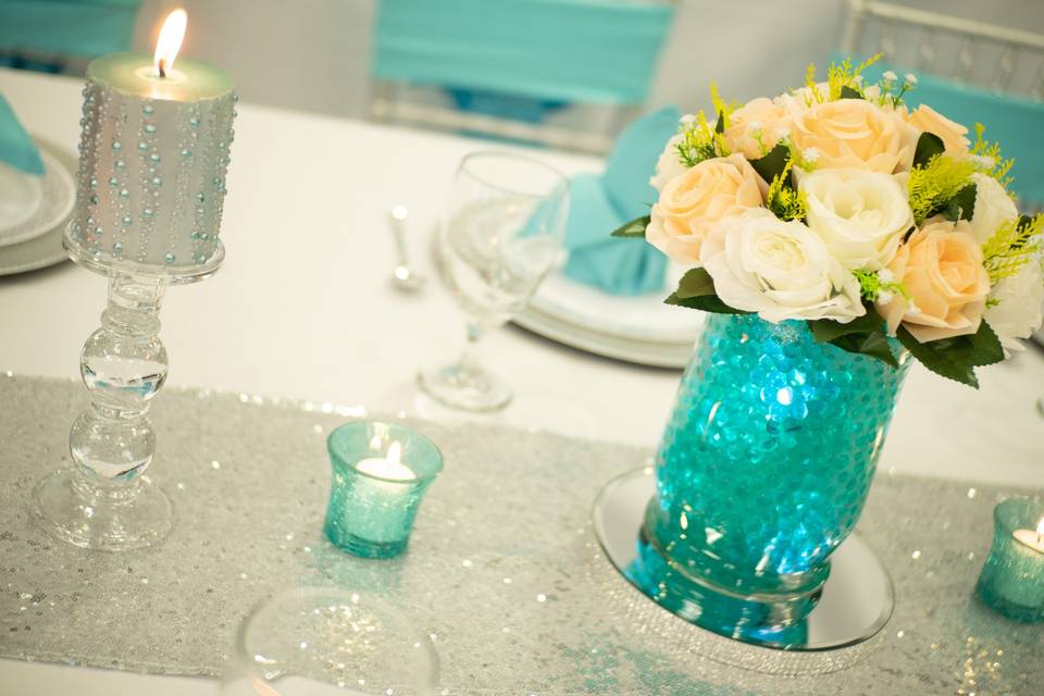 Turquoise glass centerpieces