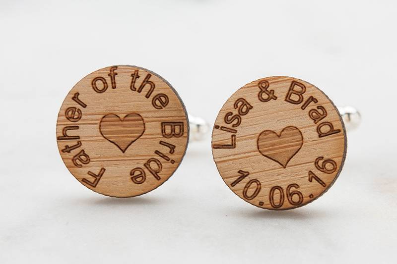 Father of the Bride wedding cufflinks, laser engraved with names of bride and groom with wedding date.  Tiny heart symbol adds an extra touch of love.
