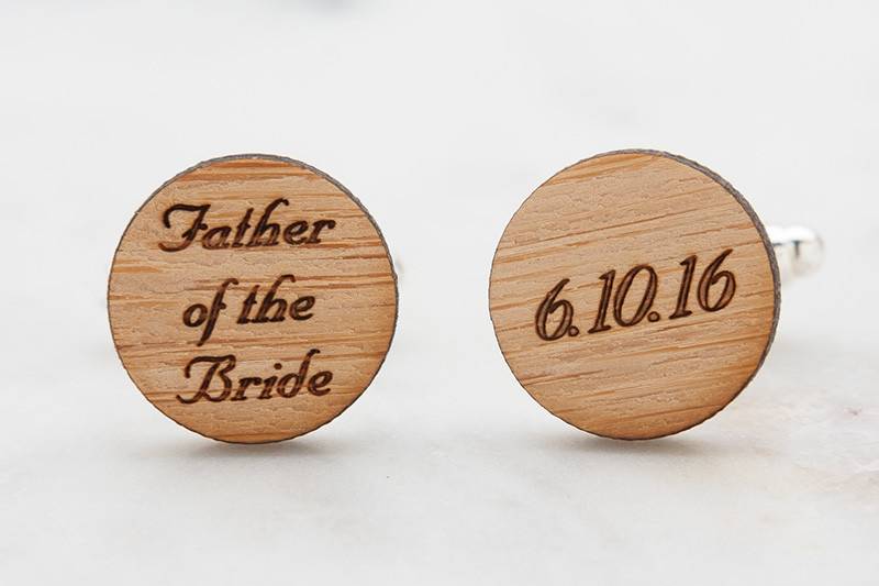 Father of the Bride cufflinks, laser engraved with wedding date on eco-friendly bamboo.  Available in silver, gold and antique bronze bullet-style cufflink backs.