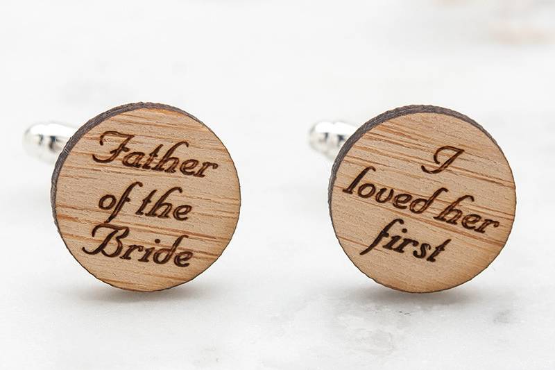 Father of the Bride cufflinks, laser engraved with I loved her first.  Hand crafted from eco-friendly bamboo.  Available in silver, gold and antique bronze bullet-style cufflink backs.