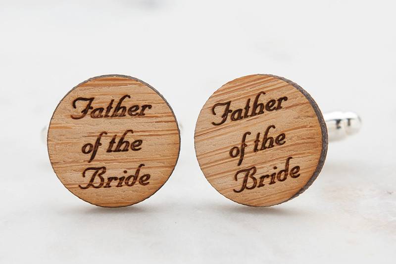 Father of the Bride cufflinks, laser engraved in a script font.  Perfect sentimental gift from bride to dad to wear on your wedding day.  Hand crafted from eco-friendly bamboo.  Available in silver, gold and antique bronze bullet-style cufflink backs.