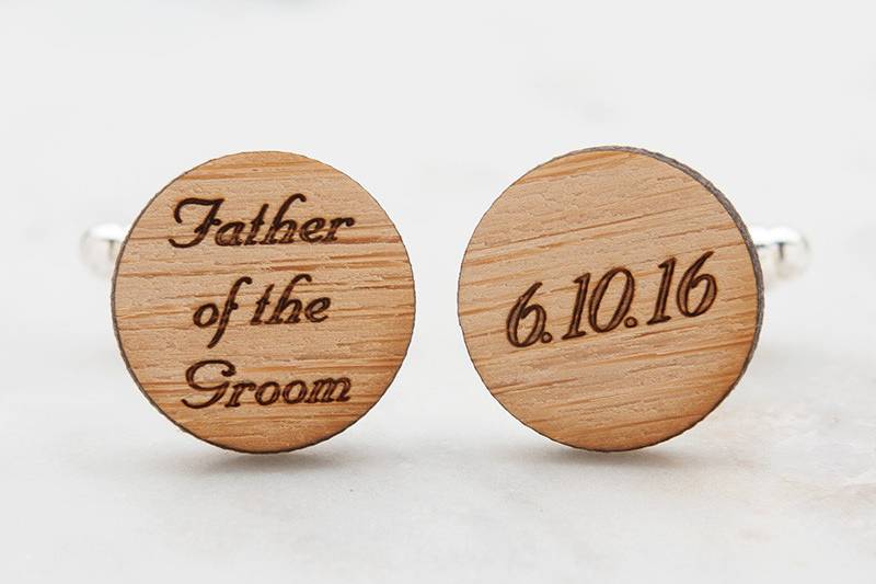 Father of the Groom cufflinks, laser engraved with wedding date on eco-friendly bamboo.  Available in silver, gold and antique bronze bullet-style cufflink backs.