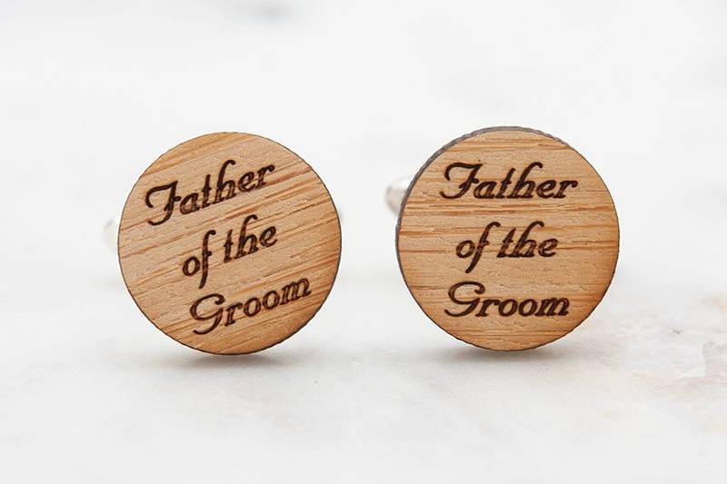 Father of the Groom cufflinks, laser engraved with script font on eco-friendly bamboo.  Available in silver, gold and antique bronze bullet-style cufflink backs.